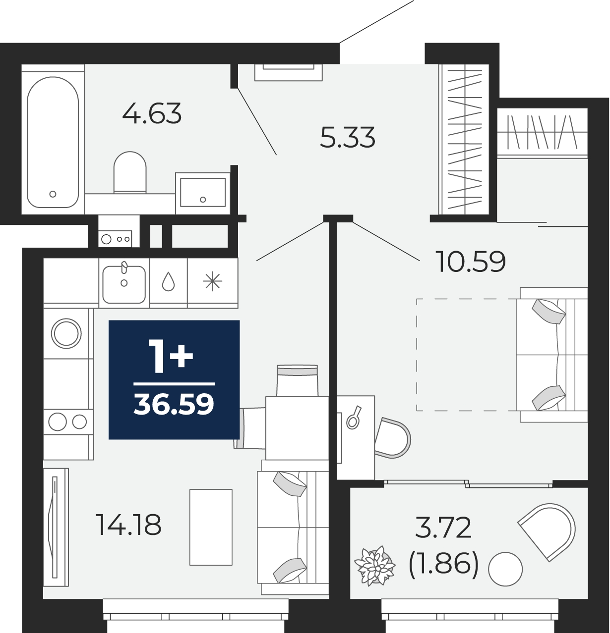1-комнатная квартира (Студия) в ЖК Кислород на 7 этаже в 1 секции. Сдача в 2 кв. 2025 г.