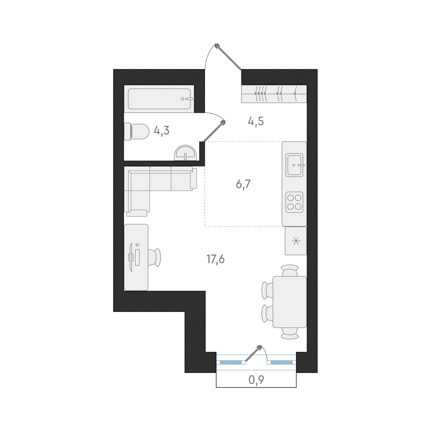 1-комнатная квартира (Студия) с отделкой в ЖК Новелла на 4 этаже в 1 секции. Сдача в 1 кв. 2025 г.