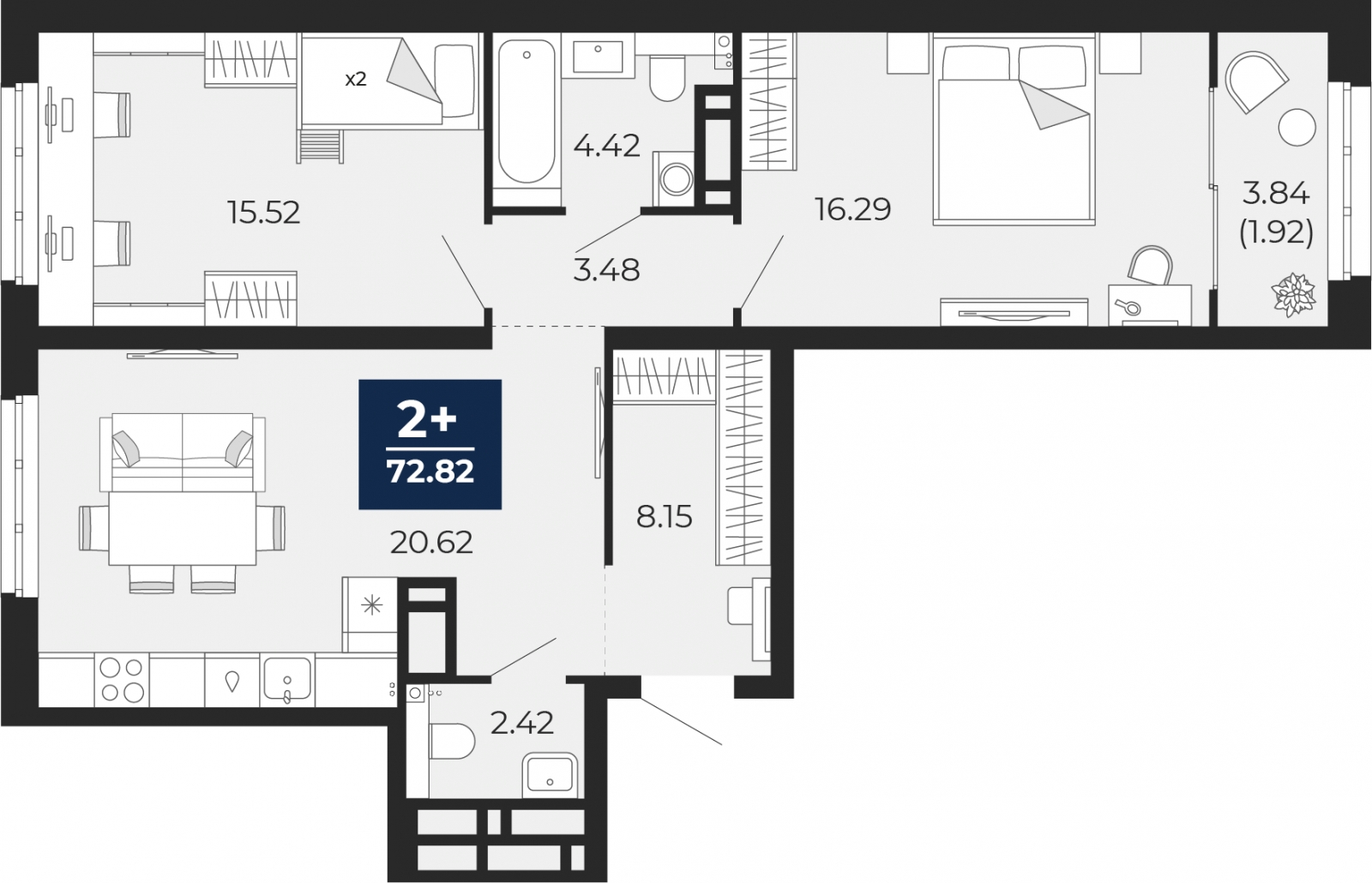 2-комнатная квартира в ЖК Кислород на 18 этаже в 1 секции. Сдача в 4 кв. 2025 г.