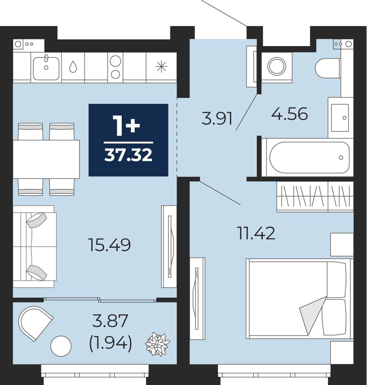1-комнатная квартира в ЖК Кислород на 4 этаже в 1 секции. Сдача в 2 кв. 2025 г.