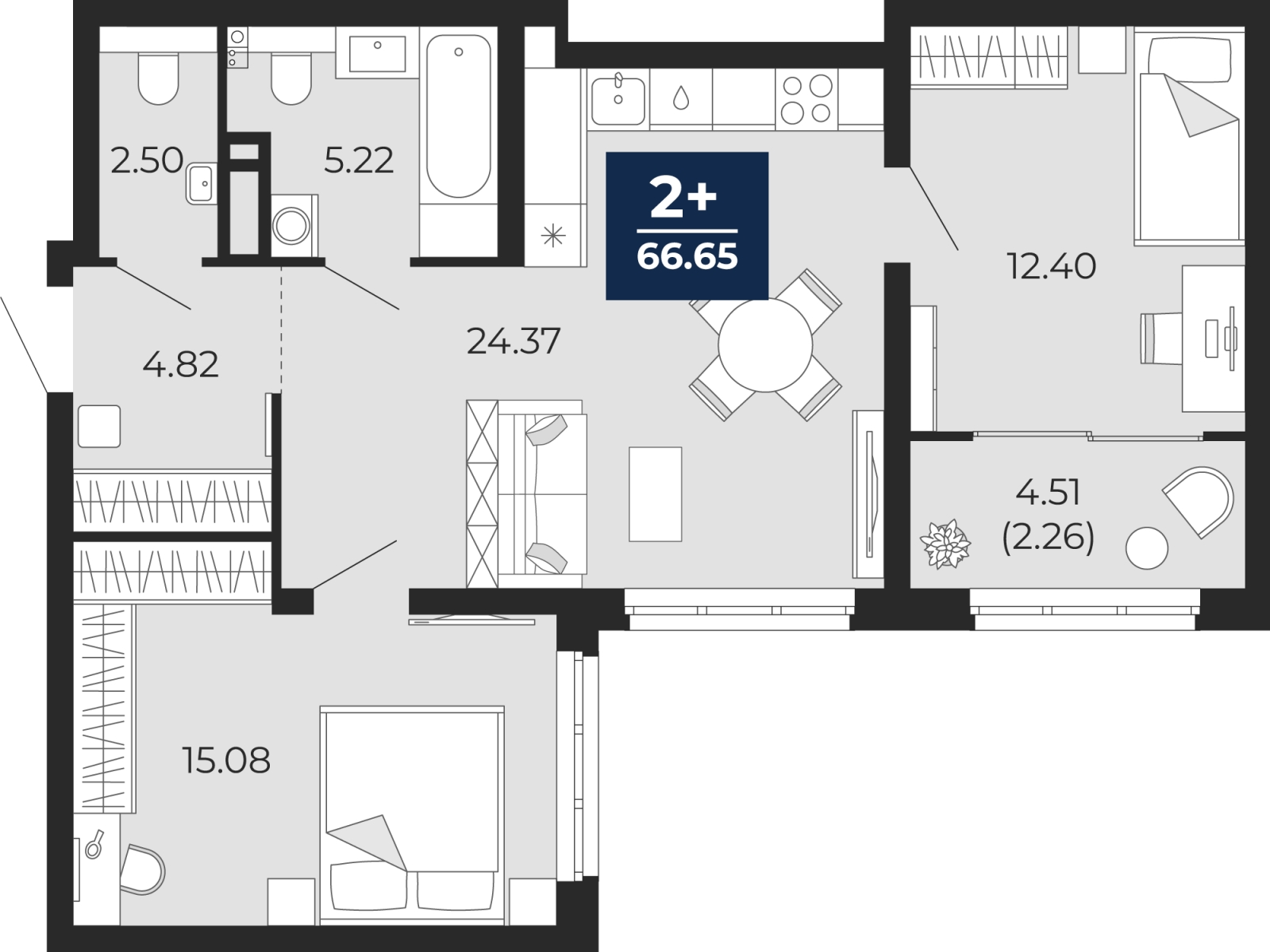 2-комнатная квартира в ЖК Кислород на 15 этаже в 1 секции. Сдача в 4 кв. 2024 г.