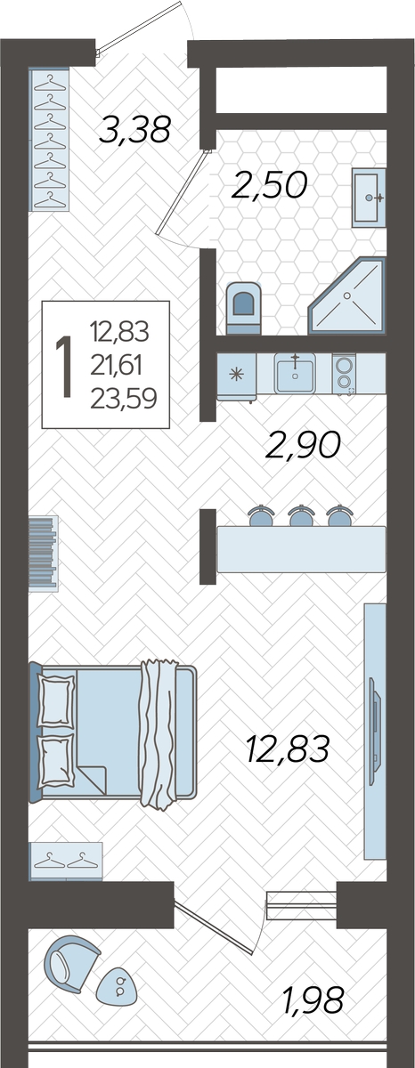 1-комнатная квартира (Студия) с отделкой в ЖК Квартал Метроном на 9 этаже в 1 секции. Сдача в 3 кв. 2026 г.