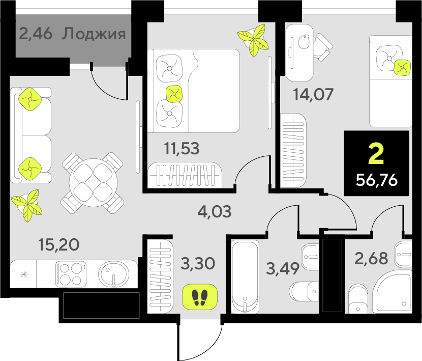 2-комнатная квартира с отделкой в ЖК Окинава на 2 этаже в 8 секции. Сдача в 4 кв. 2026 г.