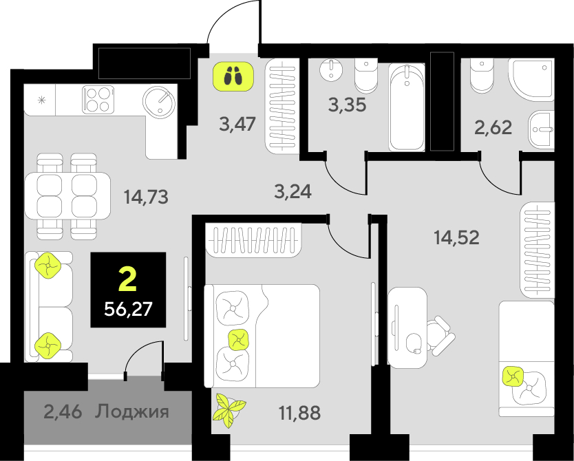 2-комнатная квартира с отделкой в ЖК Окинава на 2 этаже в 4 секции. Сдача в 4 кв. 2026 г.