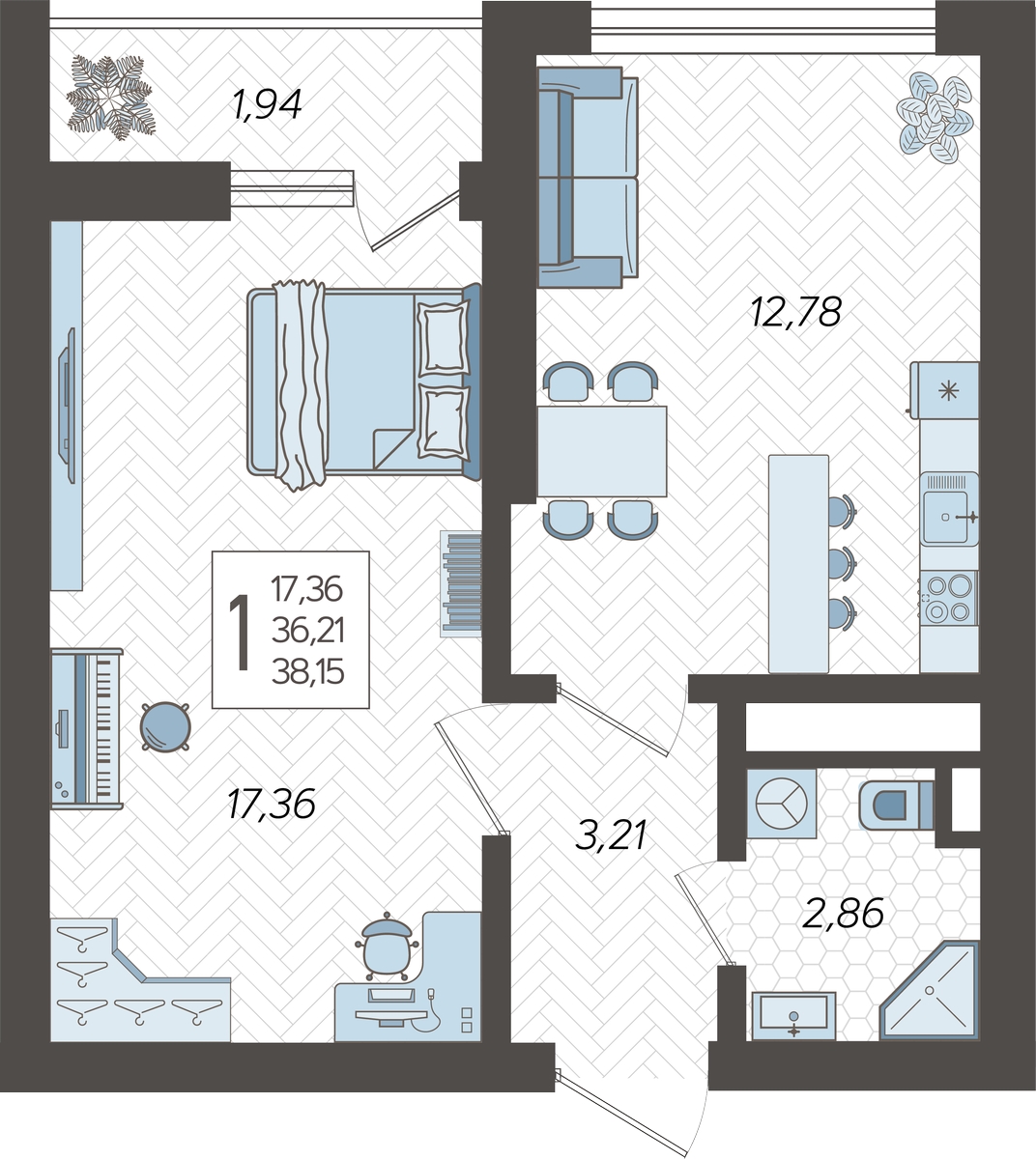 1-комнатная квартира в ЖК Кислород на 5 этаже в 1 секции. Сдача в 2 кв. 2025 г.