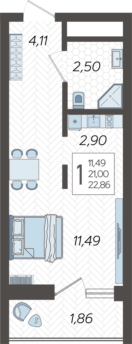 1-комнатная квартира (Студия) в ЖК Кислород на 7 этаже в 1 секции. Сдача в 4 кв. 2025 г.