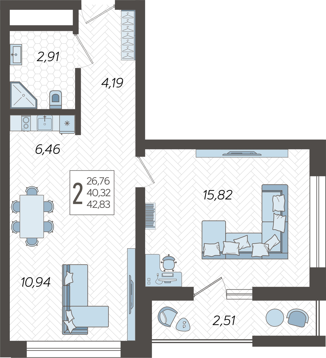 2-комнатная квартира с отделкой в ЖК Родные кварталы на 3 этаже в 4 секции. Сдача в 4 кв. 2026 г.