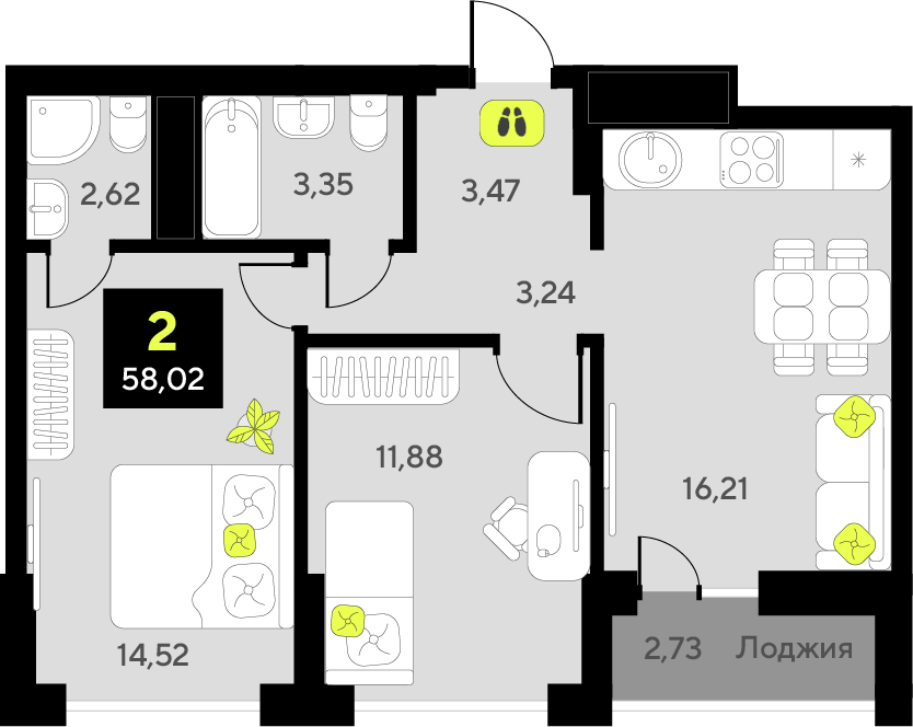 2-комнатная квартира с отделкой в ЖК Окинава на 10 этаже в 4 секции. Сдача в 4 кв. 2026 г.