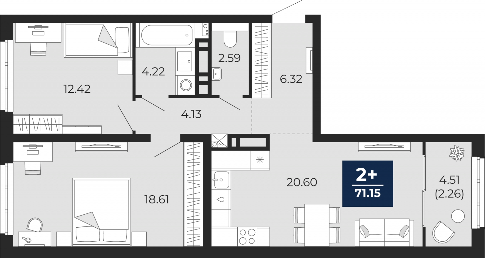 2-комнатная квартира с отделкой в ЖК Кислород на 7 этаже в 1 секции. Сдача в 2 кв. 2025 г.
