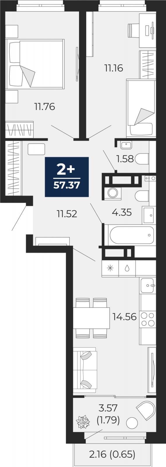 3-комнатная квартира в ЖК Dream Towers на 13 этаже в 1 секции. Сдача в 2 кв. 2023 г.