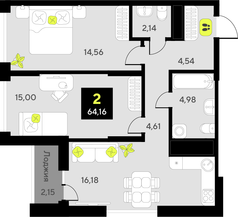 2-комнатная квартира в ЖК Green на 5 этаже в 1 секции. Дом сдан.