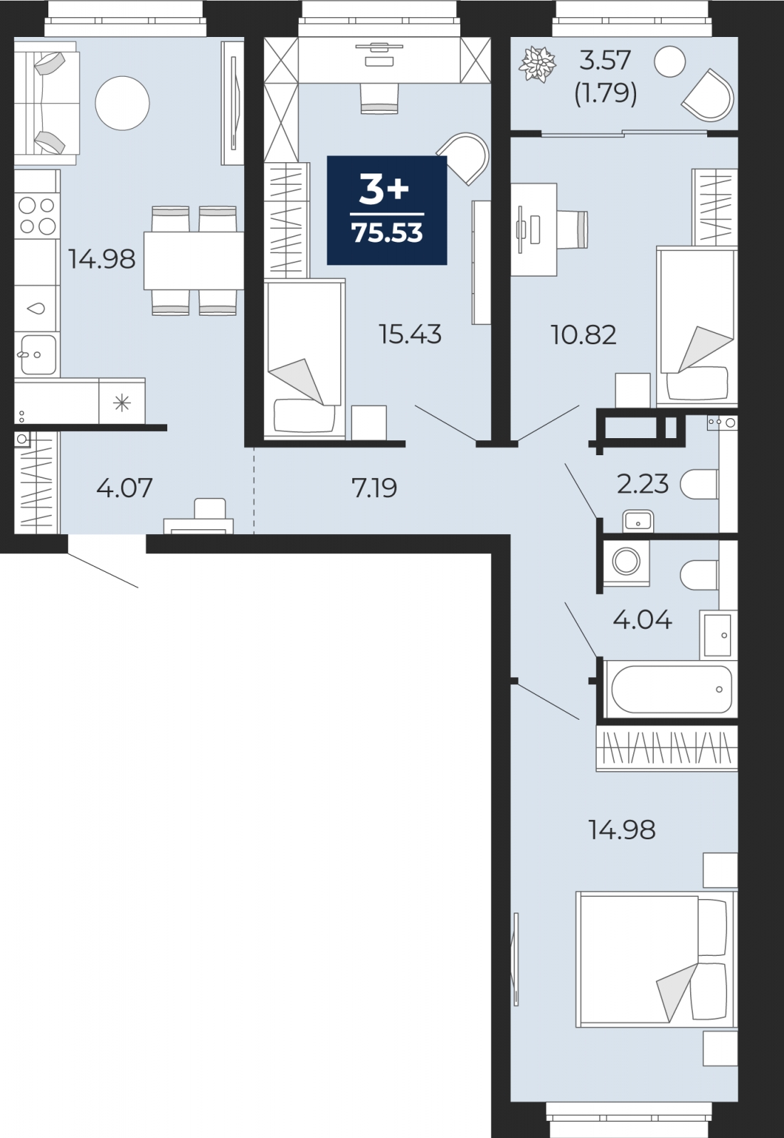 1-комнатная квартира (Студия) с отделкой в ЖК Portland на 3 этаже в 1 секции. Сдача в 4 кв. 2025 г.