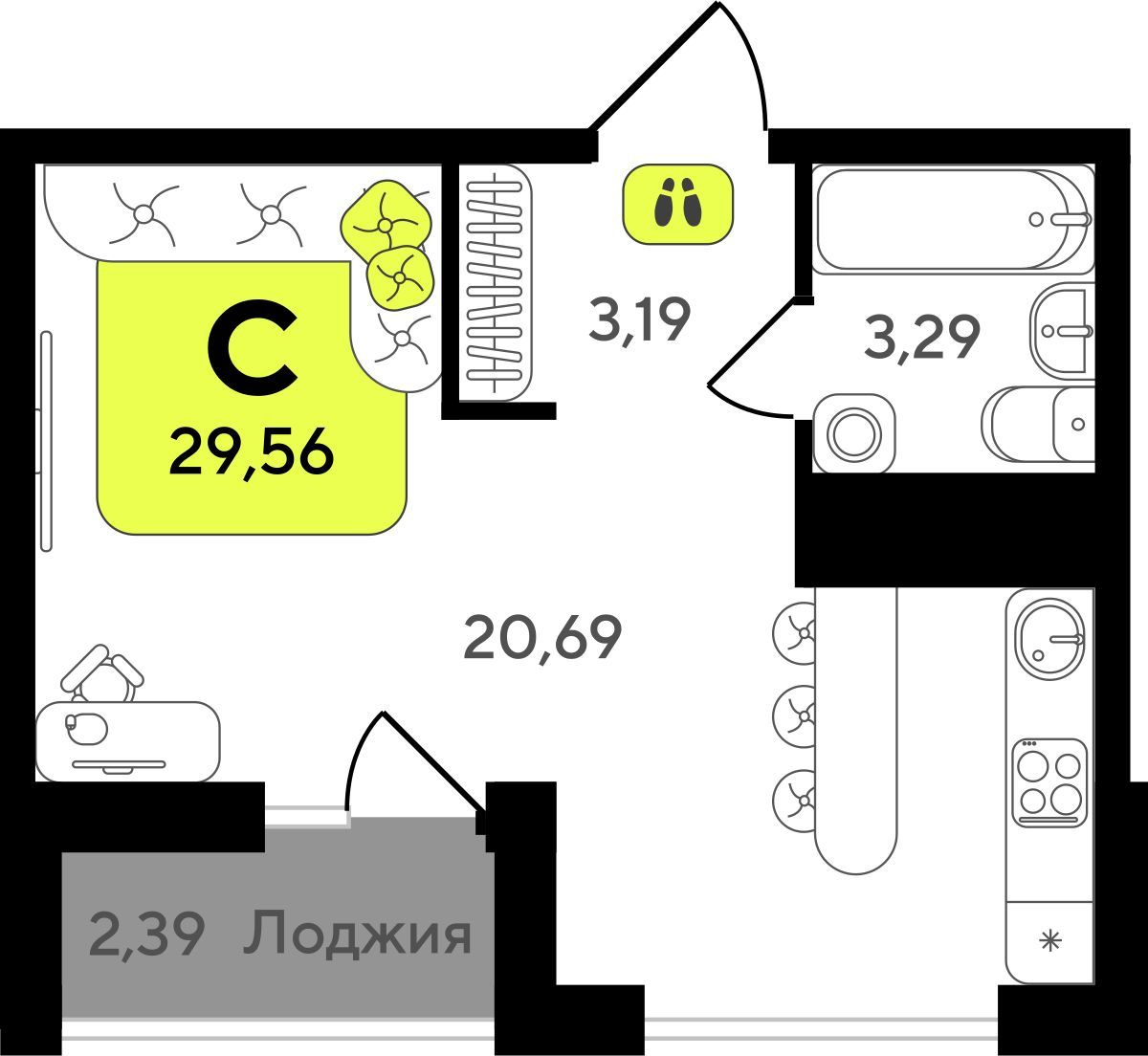 1-комнатная квартира (Студия) с отделкой в ЖК Окинава на 11 этаже в 4 секции. Сдача в 3 кв. 2027 г.