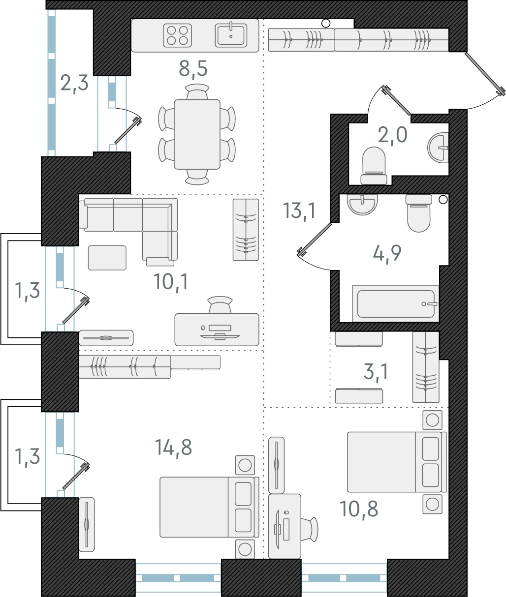 1-комнатная квартира (Студия) в ЖК Беринг на 4 этаже в 5 секции. Сдача в 4 кв. 2025 г.