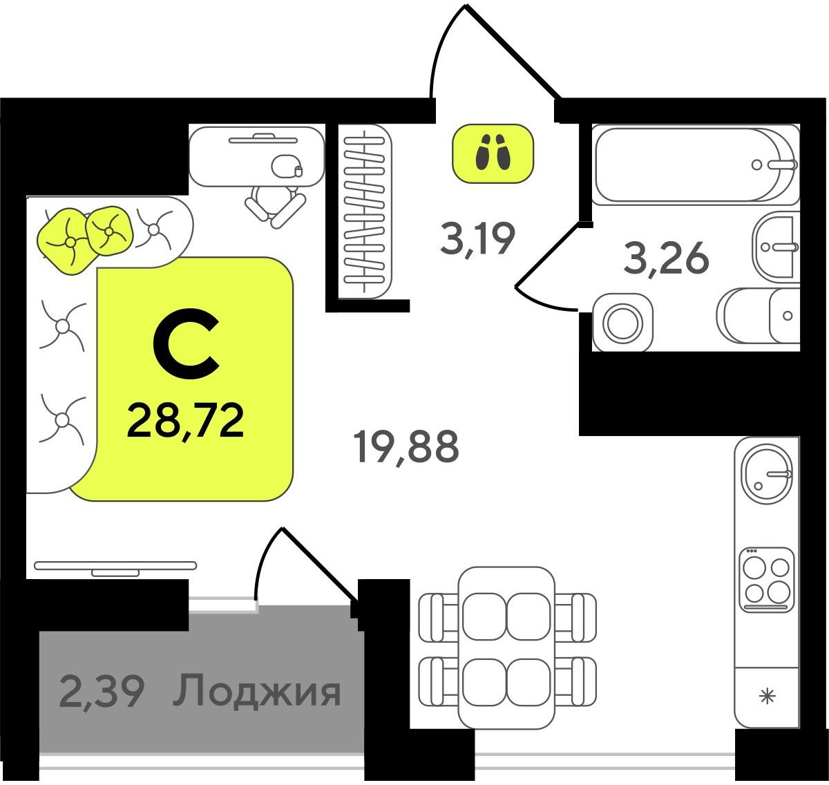 1-комнатная квартира (Студия) в ЖК Беринг на 4 этаже в 5 секции. Сдача в 4 кв. 2025 г.