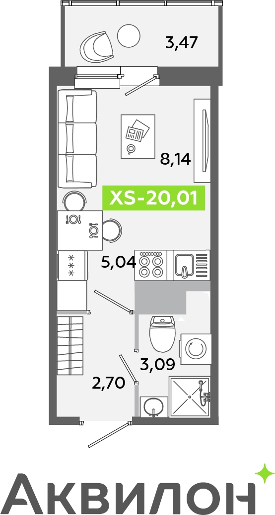 1-комнатная квартира (Студия) в ЖК Беринг на 9 этаже в 5 секции. Сдача в 4 кв. 2025 г.