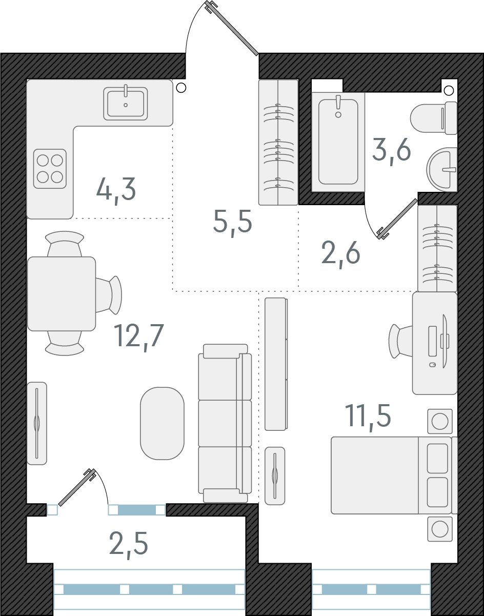 1-комнатная квартира в ЖК Беринг на 5 этаже в 3 секции. Сдача в 4 кв. 2025 г.