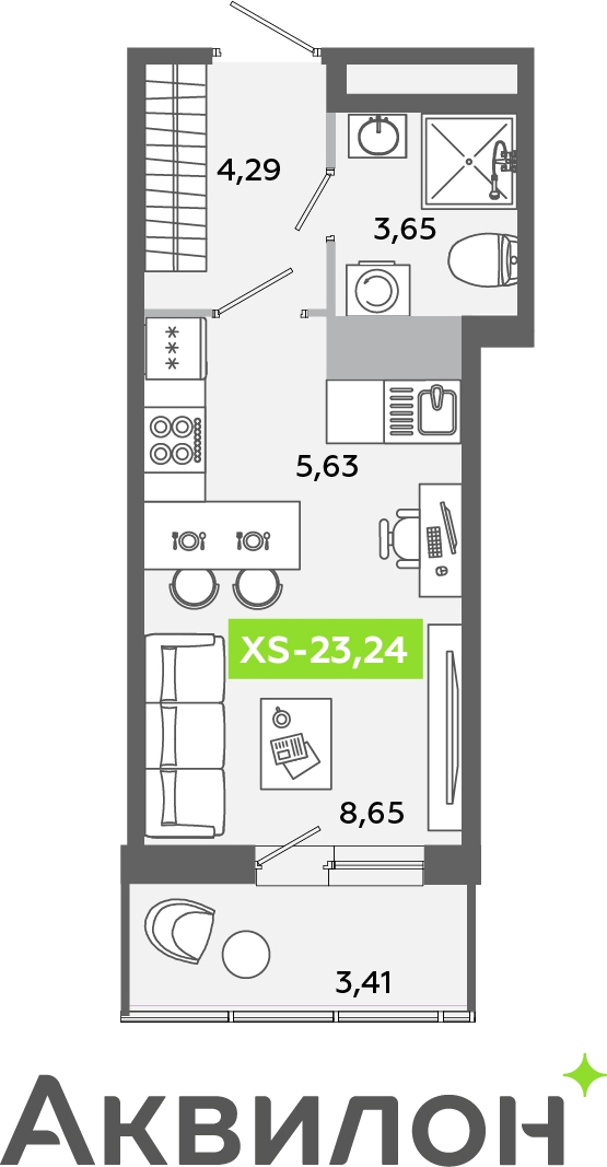 1-комнатная квартира (Студия) в ЖК Беринг на 2 этаже в 2 секции. Сдача в 4 кв. 2025 г.