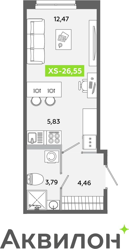 1-комнатная квартира (Студия) в ЖК Беринг на 17 этаже в 2 секции. Сдача в 4 кв. 2025 г.