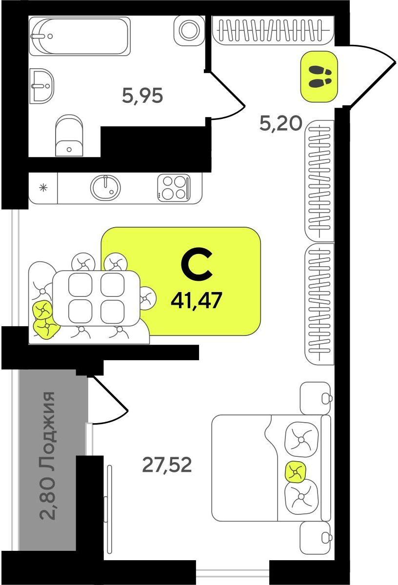 1-комнатная квартира в ЖК Беринг на 2 этаже в 3 секции. Сдача в 4 кв. 2025 г.