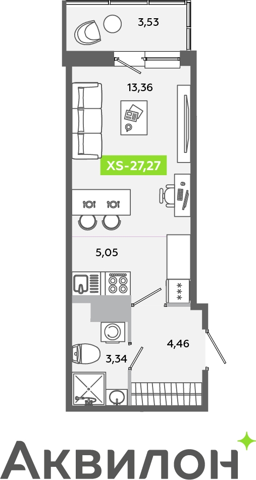 1-комнатная квартира (Студия) в ЖК Беринг на 8 этаже в 3 секции. Сдача в 4 кв. 2025 г.