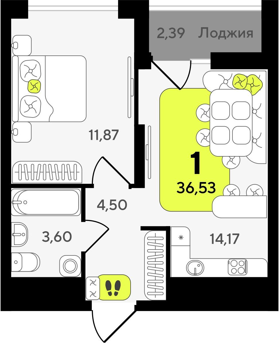 1-комнатная квартира в ЖК Беринг на 2 этаже в 2 секции. Сдача в 4 кв. 2025 г.