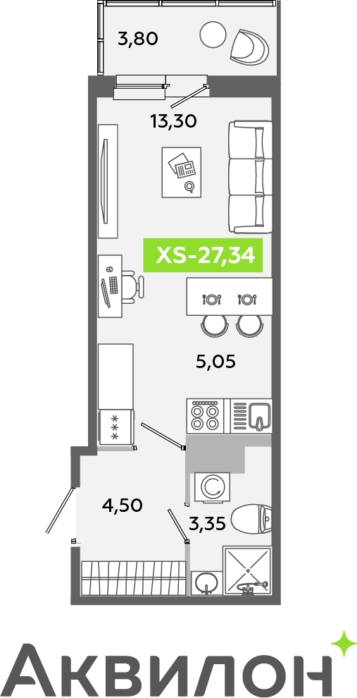 1-комнатная квартира (Студия) в ЖК Беринг на 7 этаже в 5 секции. Сдача в 4 кв. 2025 г.