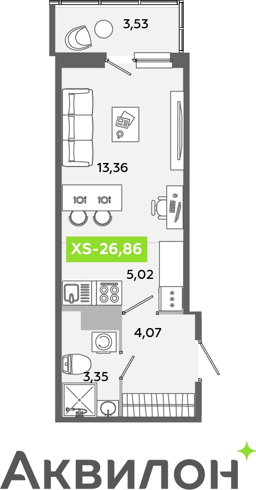 1-комнатная квартира (Студия) в ЖК Беринг на 5 этаже в 5 секции. Сдача в 4 кв. 2025 г.