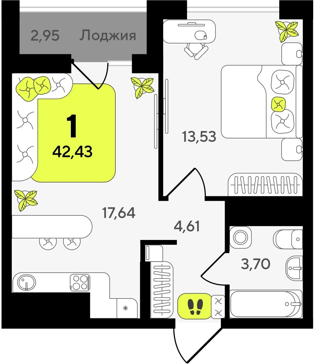 1-комнатная квартира в ЖК Беринг на 12 этаже в 3 секции. Сдача в 4 кв. 2025 г.