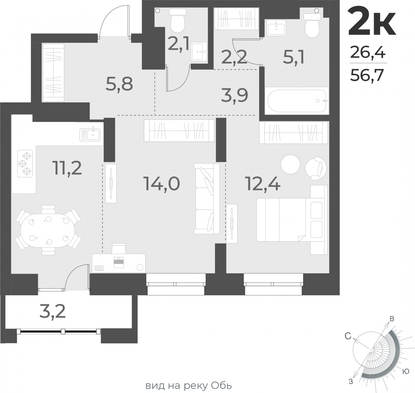 1-комнатная квартира в ЖК Беринг на 12 этаже в 3 секции. Сдача в 4 кв. 2025 г.