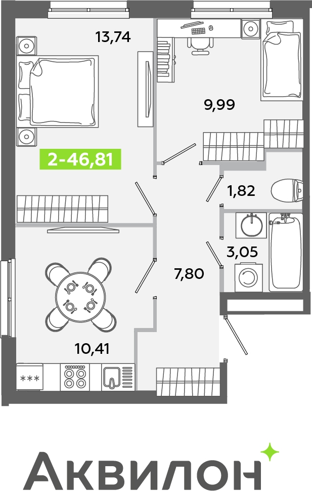 1-комнатная квартира в ЖК Беринг на 2 этаже в 3 секции. Сдача в 4 кв. 2025 г.