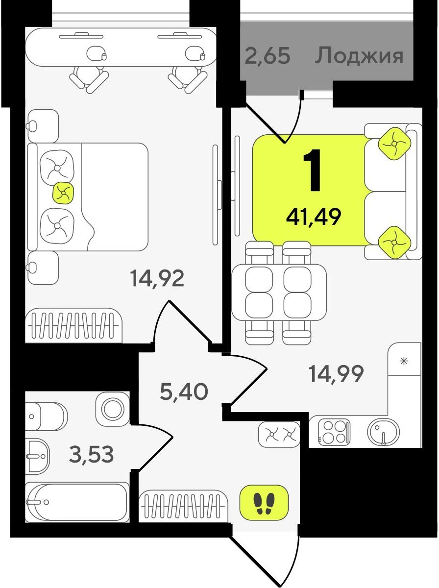 1-комнатная квартира в ЖК Беринг на 5 этаже в 2 секции. Сдача в 4 кв. 2025 г.