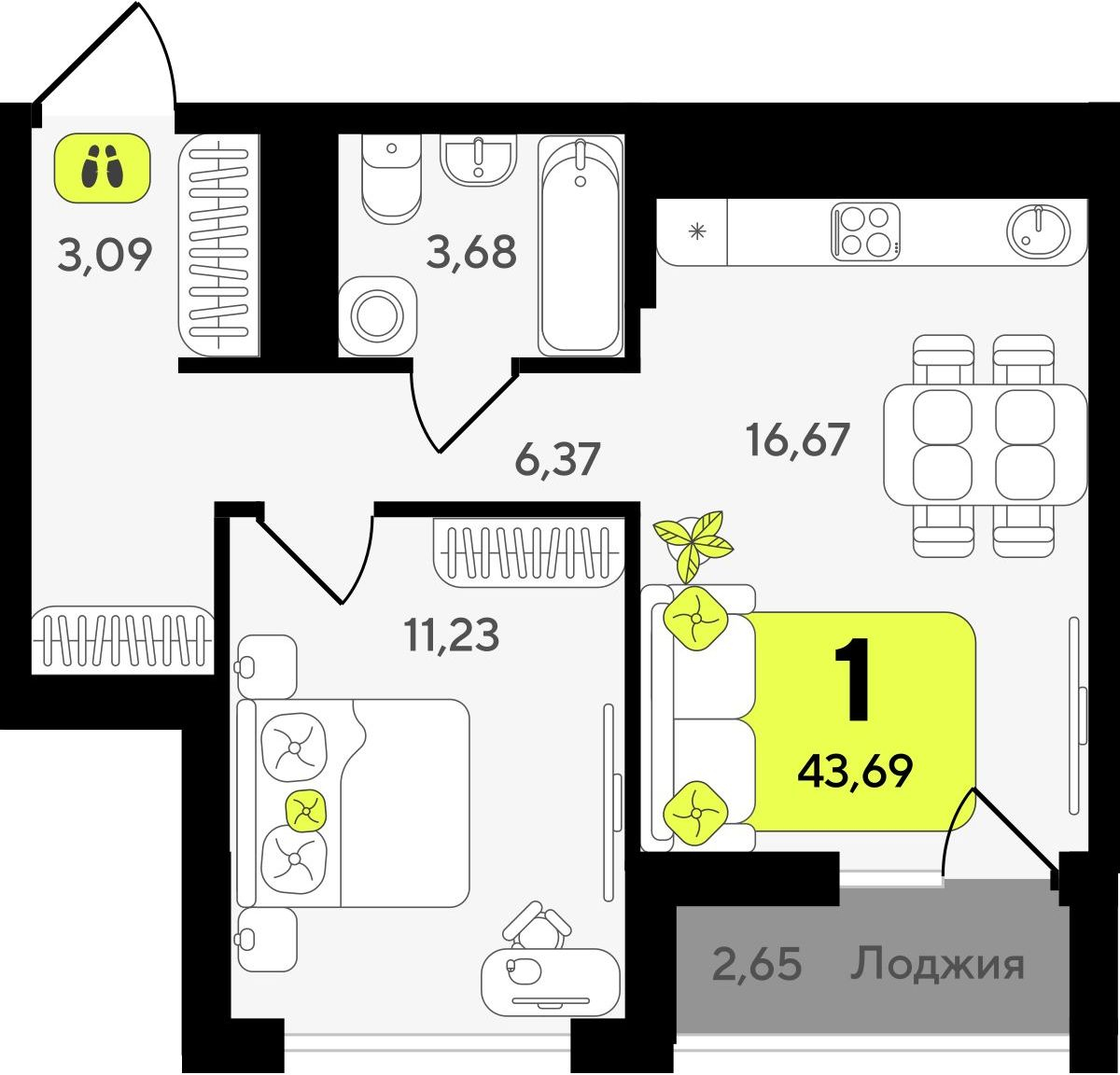 1-комнатная квартира с отделкой в ЖК Окинава на 2 этаже в 2 секции. Сдача в 3 кв. 2027 г.