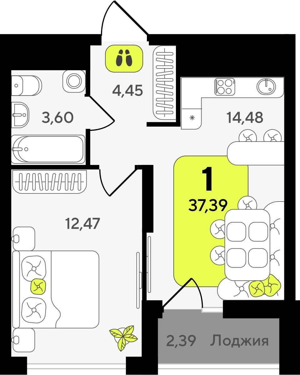 1-комнатная квартира в ЖК Беринг на 2 этаже в 3 секции. Сдача в 4 кв. 2025 г.