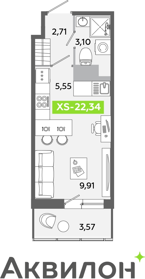 1-комнатная квартира (Студия) в ЖК Беринг на 3 этаже в 3 секции. Сдача в 4 кв. 2025 г.