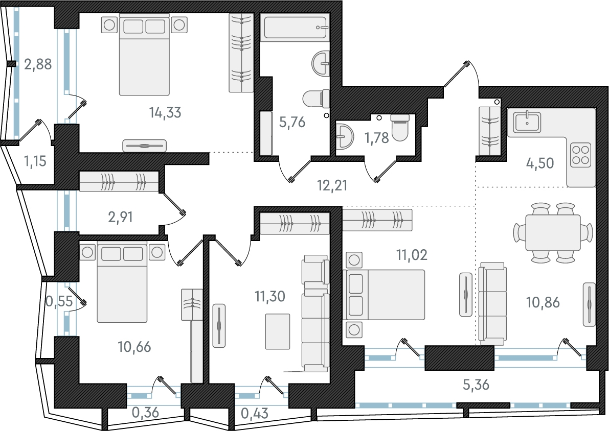 1-комнатная квартира в ЖК Беринг на 6 этаже в 3 секции. Сдача в 4 кв. 2025 г.