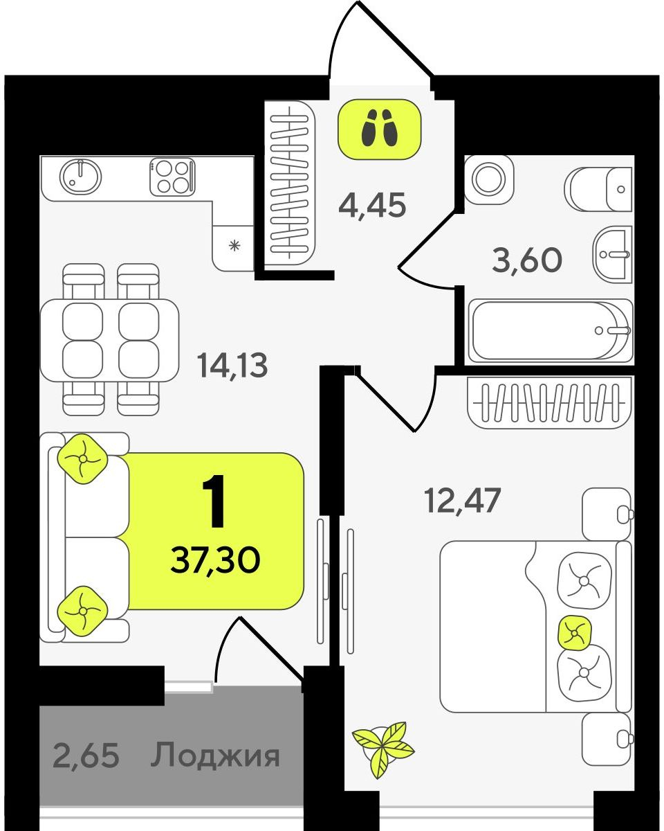 1-комнатная квартира в ЖК Беринг на 6 этаже в 3 секции. Сдача в 4 кв. 2025 г.