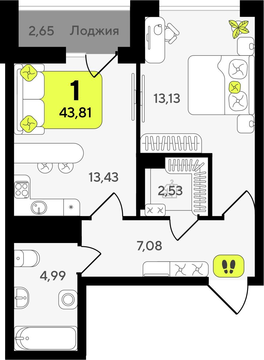 1-комнатная квартира в ЖК Беринг на 5 этаже в 2 секции. Сдача в 4 кв. 2025 г.