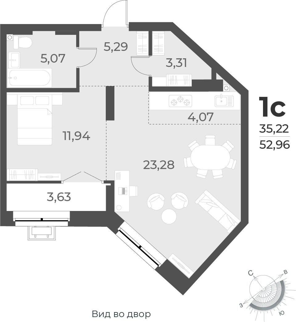 1-комнатная квартира в ЖК Беринг на 17 этаже в 2 секции. Сдача в 4 кв. 2025 г.