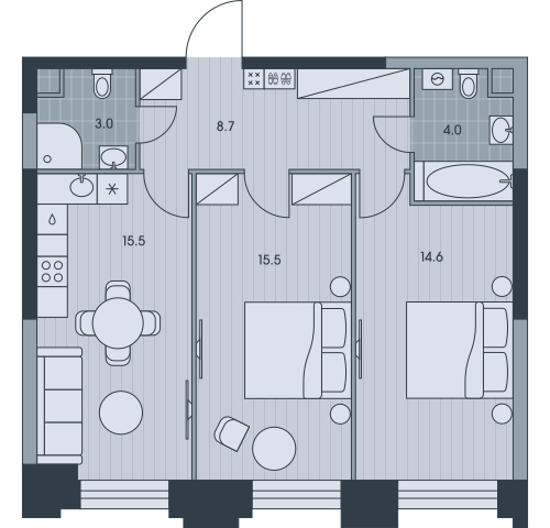 2-комнатная квартира в ЖК EVER на 33 этаже в 1 секции. Сдача в 3 кв. 2025 г.