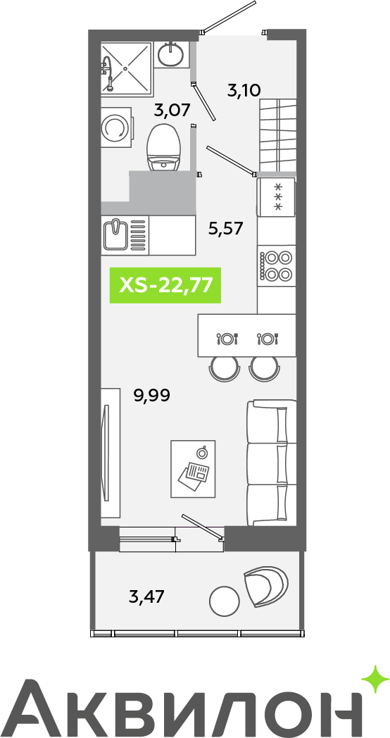 1-комнатная квартира (Студия) в ЖК Беринг на 10 этаже в 4 секции. Сдача в 4 кв. 2025 г.
