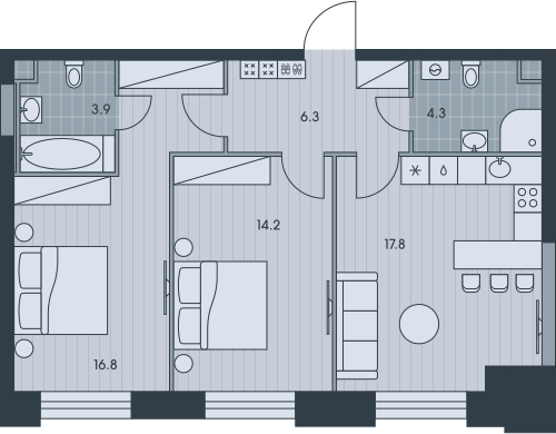 1-комнатная квартира в ЖК Беринг на 9 этаже в 3 секции. Сдача в 4 кв. 2025 г.