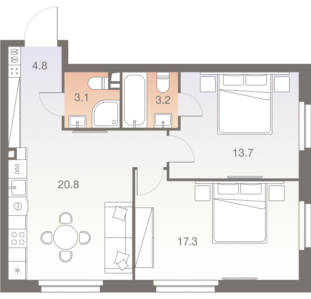 2-комнатная квартира в ЖК Беринг на 10 этаже в 2 секции. Сдача в 4 кв. 2025 г.