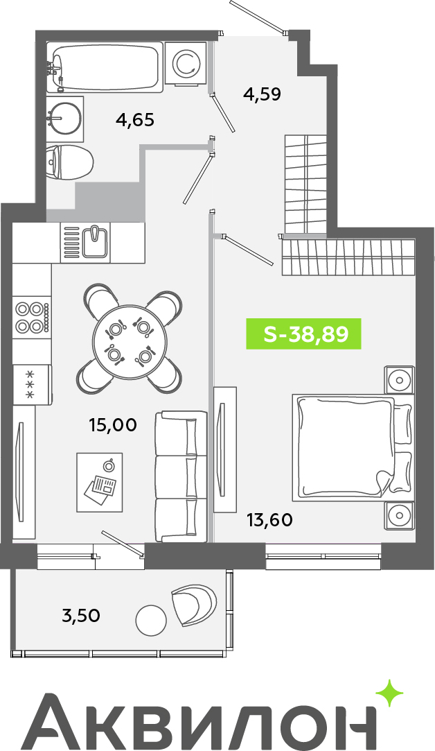 1-комнатная квартира в ЖК Беринг на 8 этаже в 3 секции. Сдача в 4 кв. 2025 г.