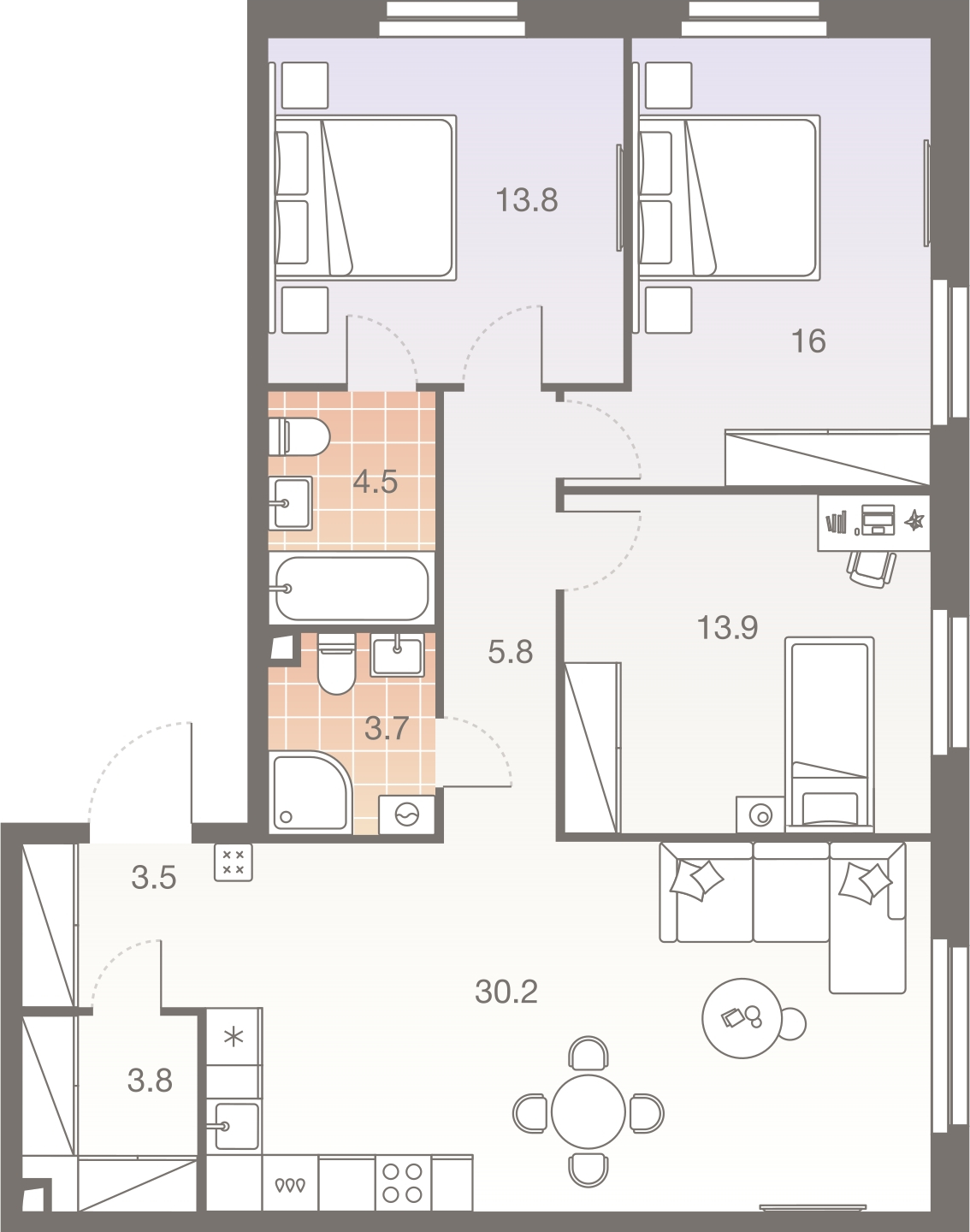 2-комнатная квартира в ЖК Беринг на 5 этаже в 2 секции. Сдача в 4 кв. 2025 г.