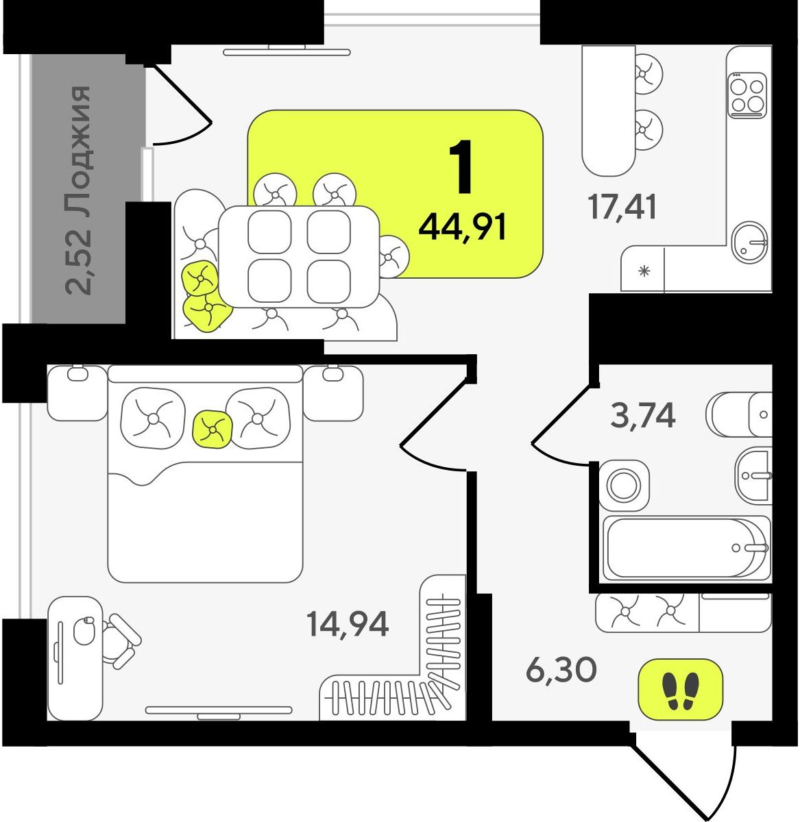 2-комнатная квартира в ЖК Беринг на 3 этаже в 1 секции. Сдача в 4 кв. 2025 г.