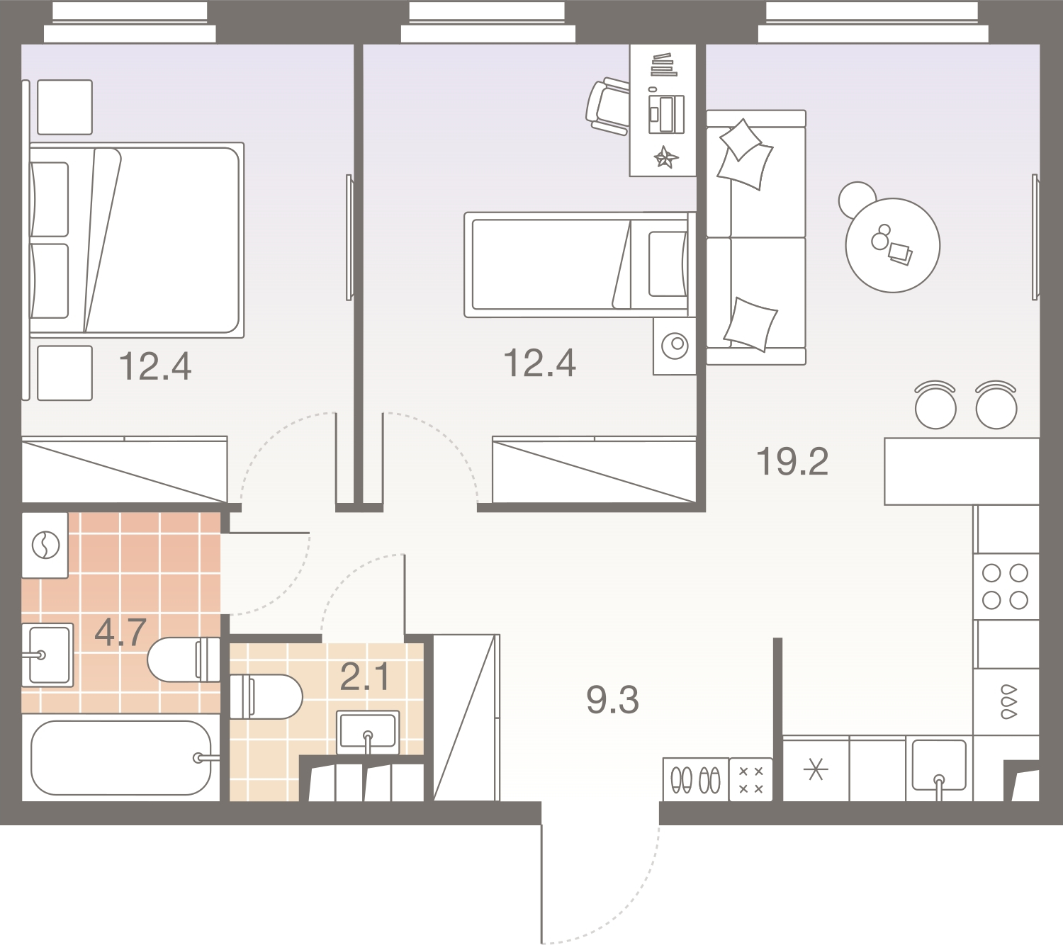 2-комнатная квартира в ЖК Беринг на 9 этаже в 1 секции. Сдача в 4 кв. 2025 г.
