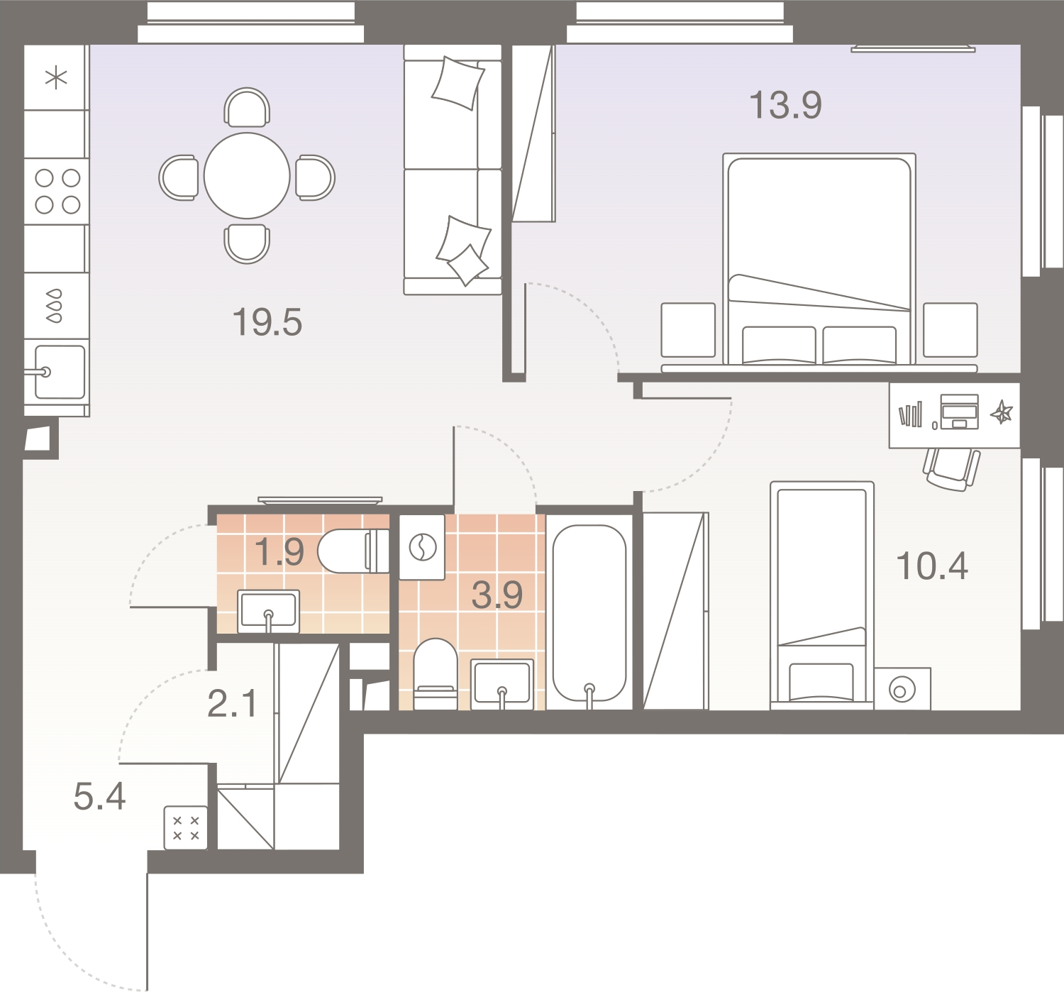 2-комнатная квартира в ЖК Беринг на 5 этаже в 1 секции. Сдача в 4 кв. 2025 г.