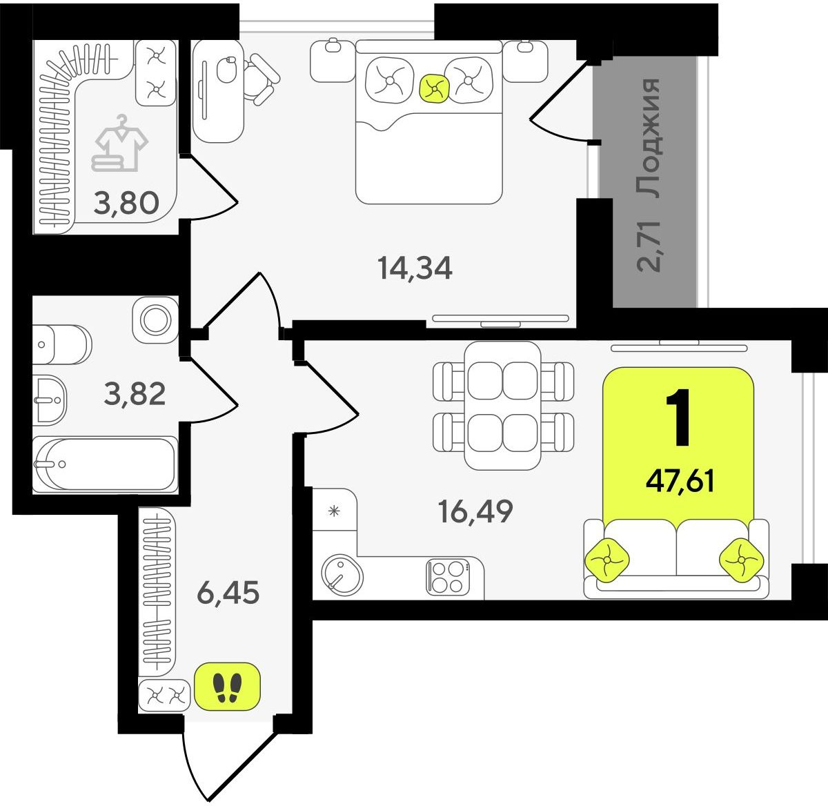 2-комнатная квартира в ЖК Беринг на 5 этаже в 5 секции. Сдача в 4 кв. 2025 г.