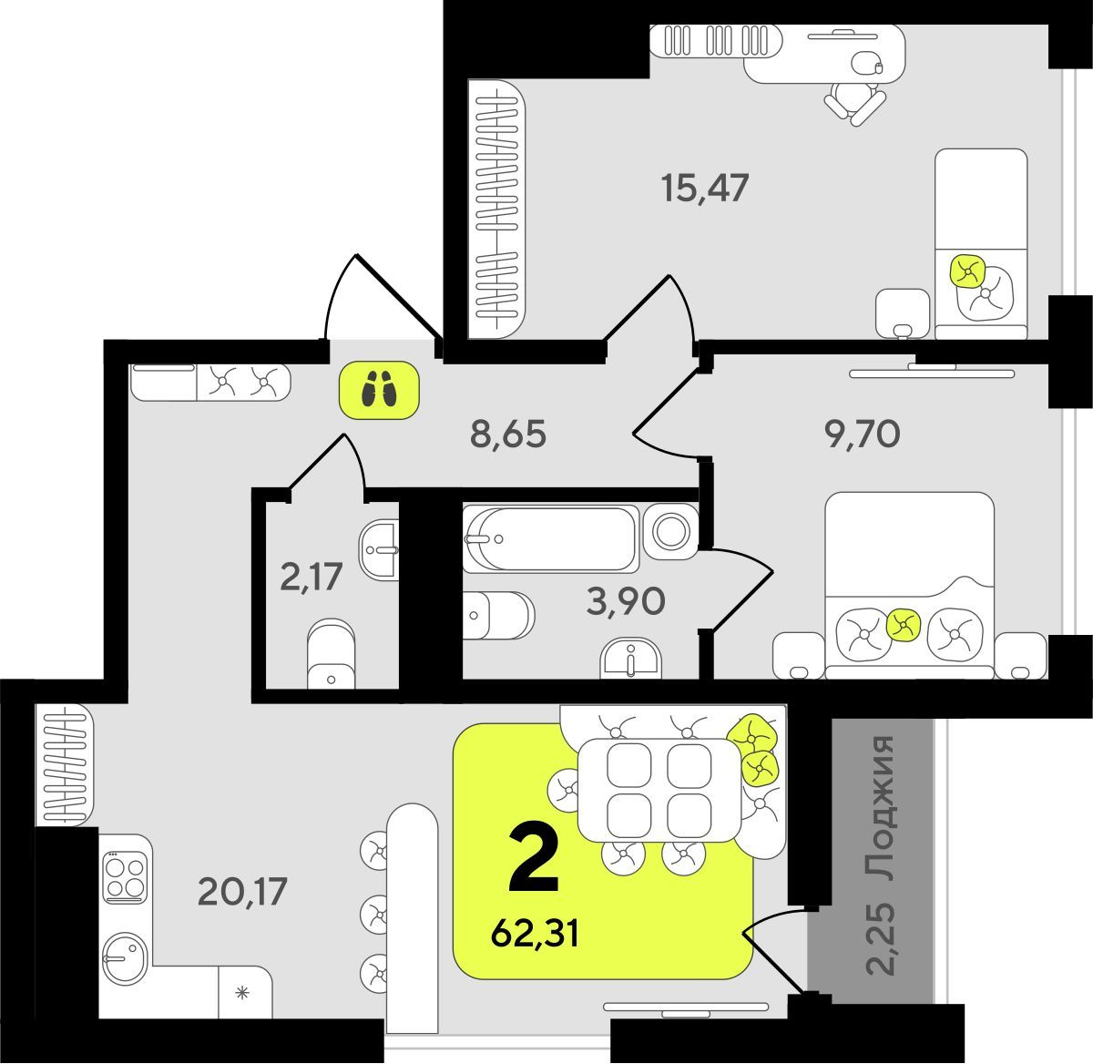 2-комнатная квартира в ЖК Беринг на 14 этаже в 2 секции. Сдача в 4 кв. 2025 г.